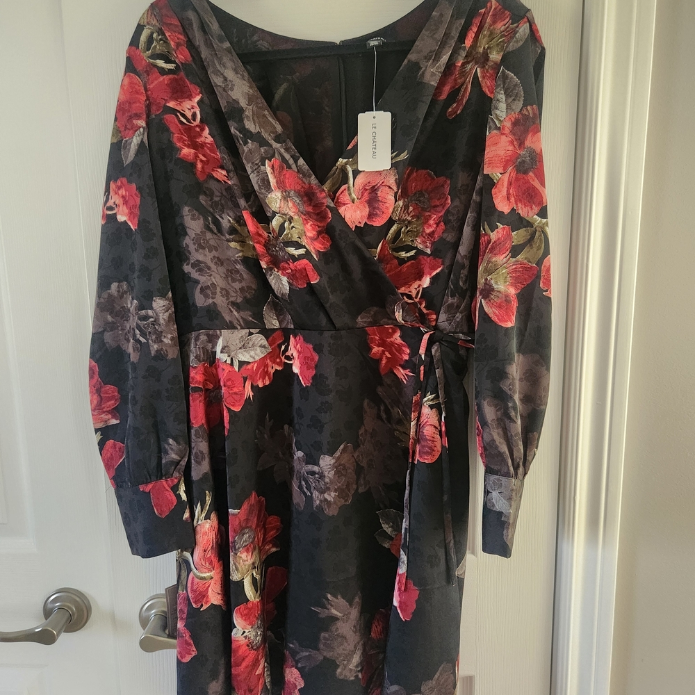 Le Chateau Floral Long Sleeve Dress - Black and Red